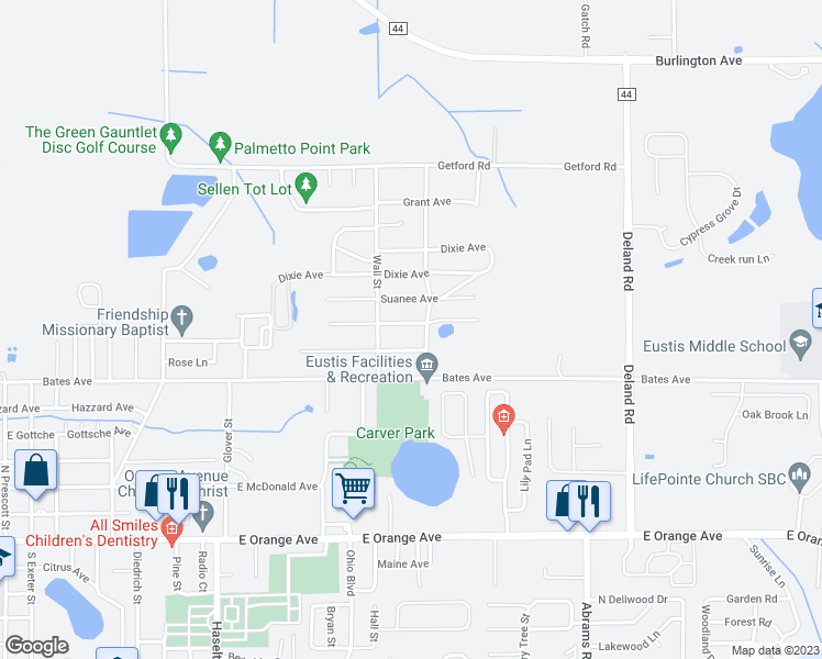 map of restaurants, bars, coffee shops, grocery stores, and more near 2214 Hollywood Avenue in Eustis
