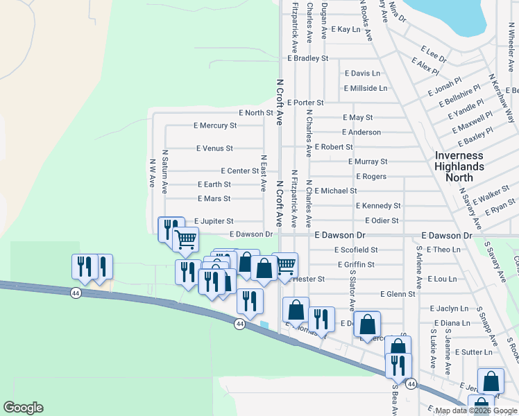 map of restaurants, bars, coffee shops, grocery stores, and more near 48 North East Avenue in Inverness