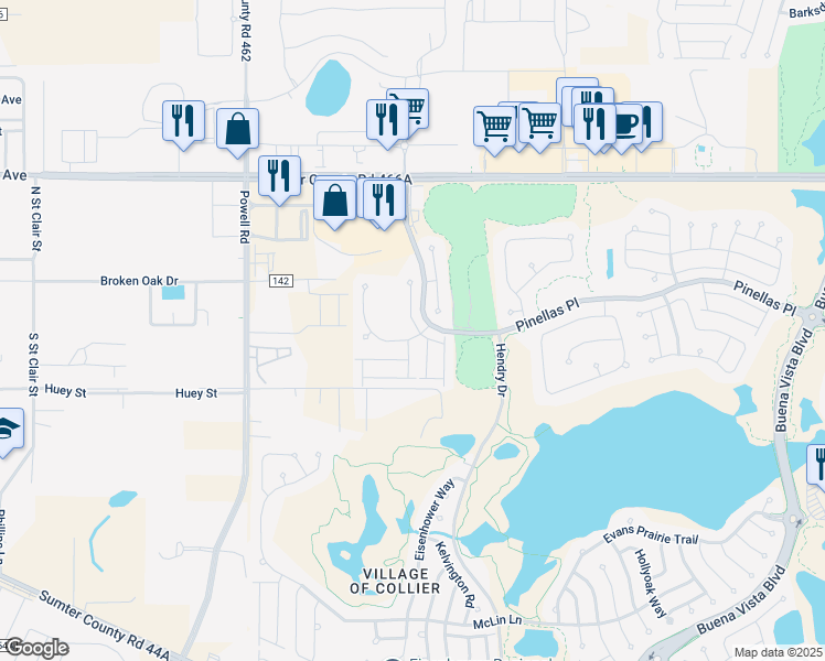 map of restaurants, bars, coffee shops, grocery stores, and more near 3002 Bartow Lane in The Villages