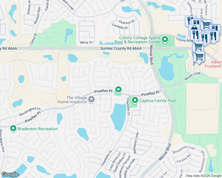 map of restaurants, bars, coffee shops, grocery stores, and more near 780 Adrienne Way in The Villages