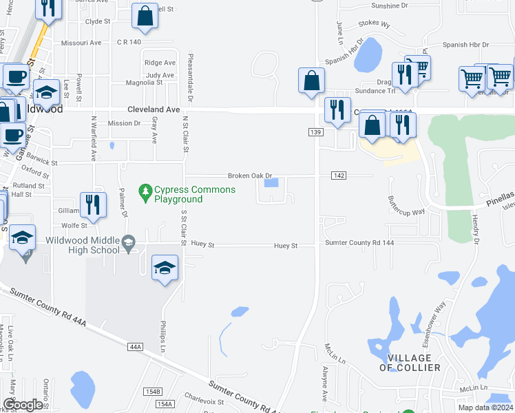 map of restaurants, bars, coffee shops, grocery stores, and more near 1504 Meadow Street in Wildwood