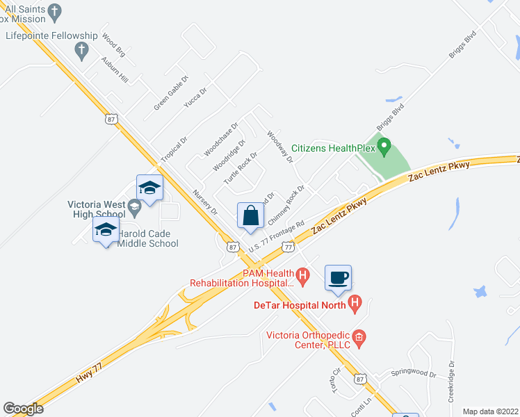 map of restaurants, bars, coffee shops, grocery stores, and more near 112 Woodwind Drive in Victoria