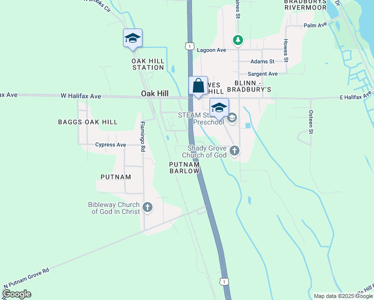 map of restaurants, bars, coffee shops, grocery stores, and more near 214 U.S. 1 in Oak Hill