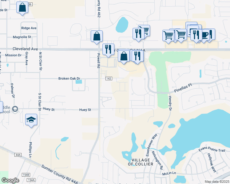 map of restaurants, bars, coffee shops, grocery stores, and more near 7145 Powell Road in Wildwood