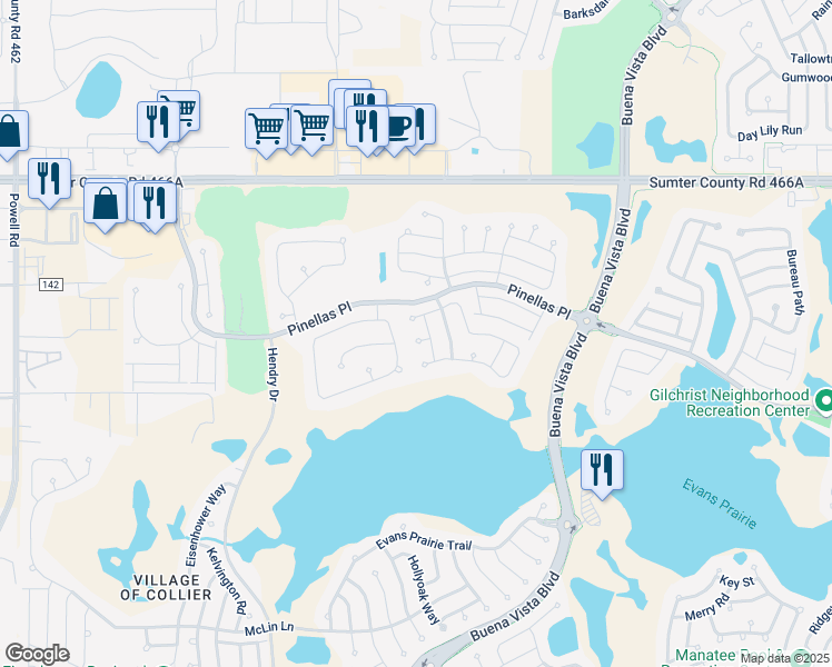 map of restaurants, bars, coffee shops, grocery stores, and more near 2085 Vickers Place in The Villages