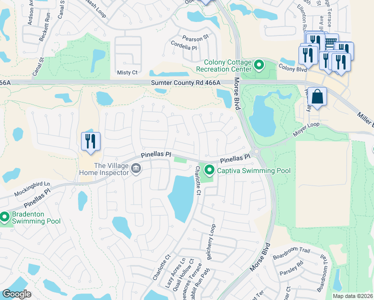 map of restaurants, bars, coffee shops, grocery stores, and more near 732 Adrienne Way in The Villages