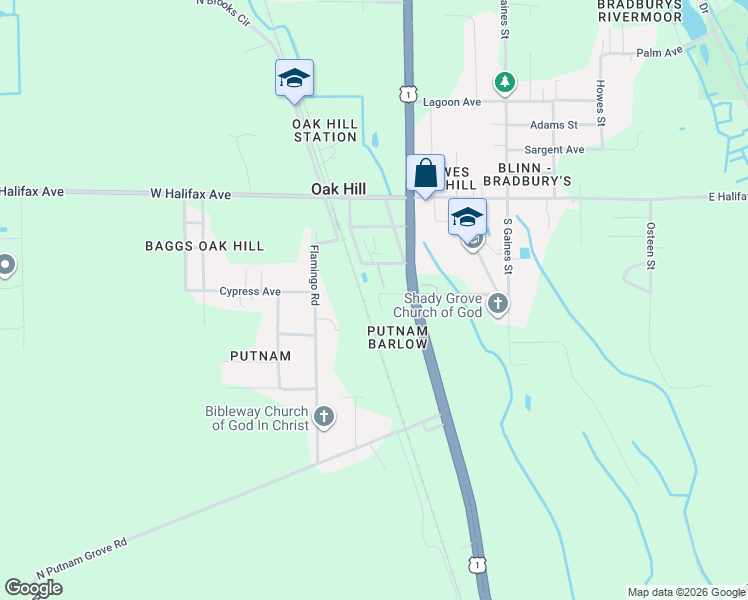 map of restaurants, bars, coffee shops, grocery stores, and more near 154 West Church Street in Oak Hill