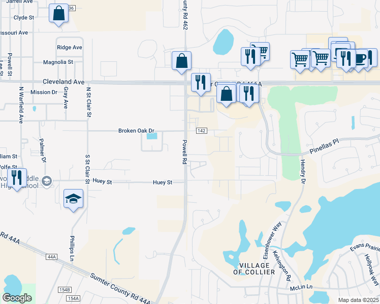 map of restaurants, bars, coffee shops, grocery stores, and more near 7145 County Road 139 in Wildwood