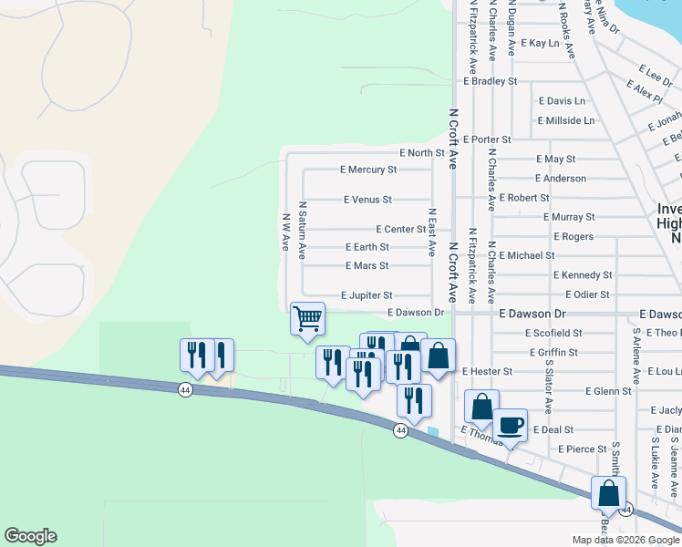 map of restaurants, bars, coffee shops, grocery stores, and more near 2543 East Jupiter Street in Inverness