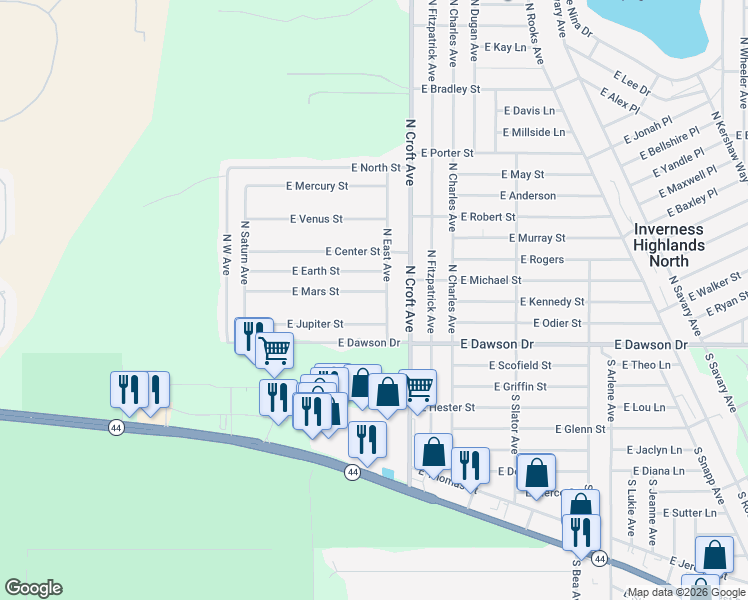 map of restaurants, bars, coffee shops, grocery stores, and more near 48 North East Avenue in Inverness