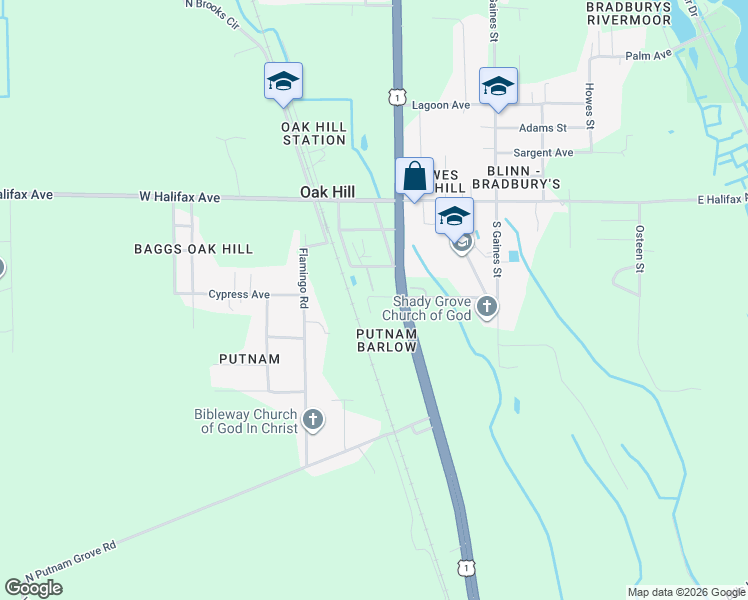 map of restaurants, bars, coffee shops, grocery stores, and more near 154 West Church Street in Oak Hill