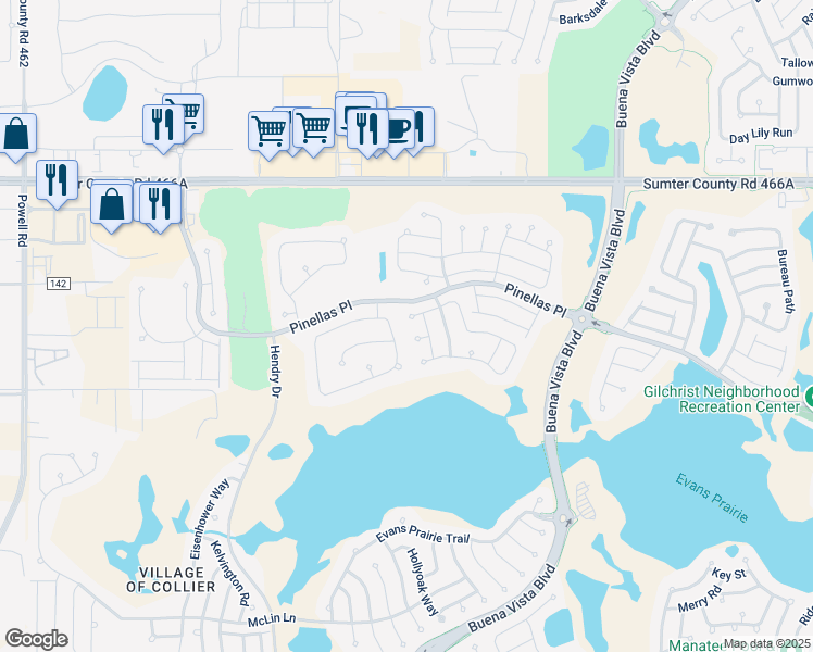 map of restaurants, bars, coffee shops, grocery stores, and more near 2085 Vickers Place in The Villages