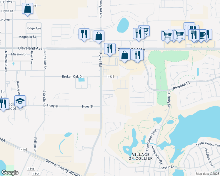 map of restaurants, bars, coffee shops, grocery stores, and more near 7145 County Road 139 in Wildwood
