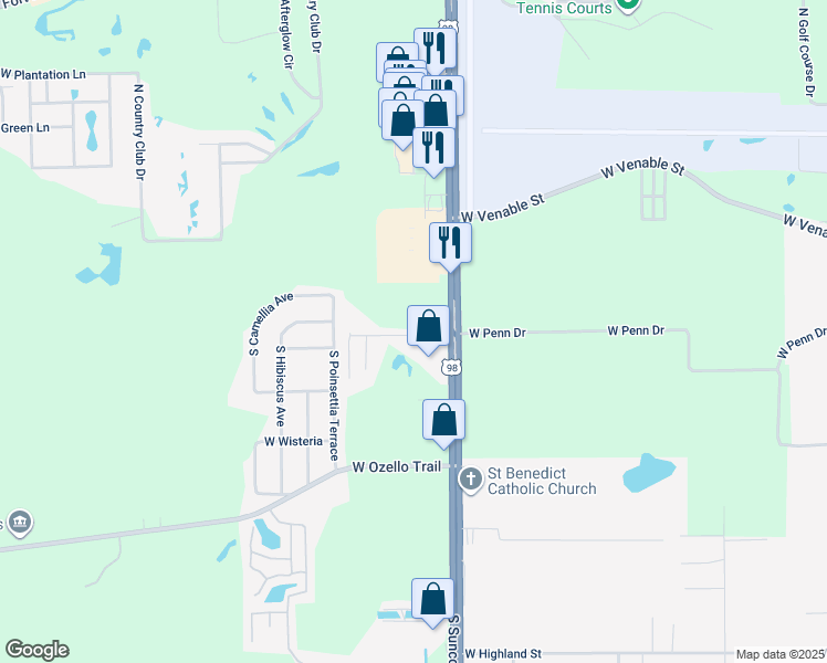 map of restaurants, bars, coffee shops, grocery stores, and more near West Penn Drive in Crystal River