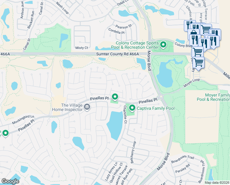 map of restaurants, bars, coffee shops, grocery stores, and more near 732 Adrienne Way in The Villages