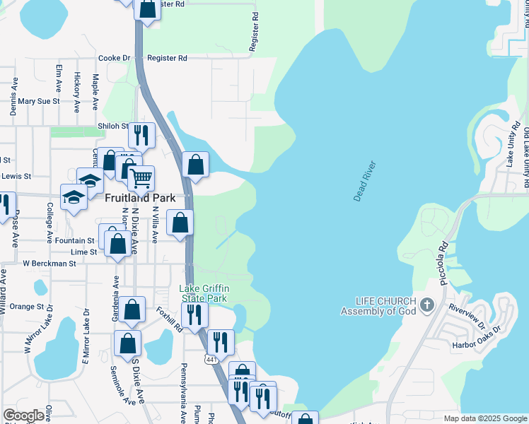 map of restaurants, bars, coffee shops, grocery stores, and more near in Fruitland Park