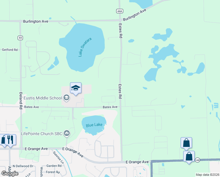 map of restaurants, bars, coffee shops, grocery stores, and more near 19049 Bates Ave in Eustis