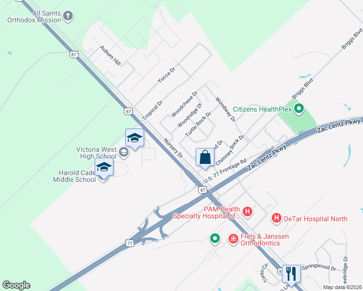 map of restaurants, bars, coffee shops, grocery stores, and more near 605 Chimney Rock Drive in Victoria