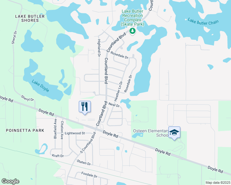map of restaurants, bars, coffee shops, grocery stores, and more near 121 Rosedale Drive in Deltona