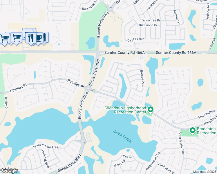 map of restaurants, bars, coffee shops, grocery stores, and more near Waterbury Place in The Villages