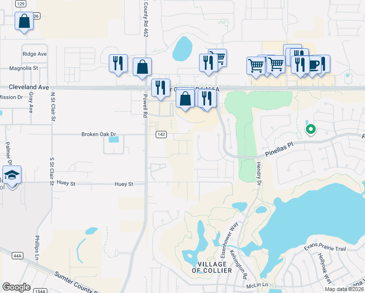 map of restaurants, bars, coffee shops, grocery stores, and more near 5145 County Road 142 in Wildwood