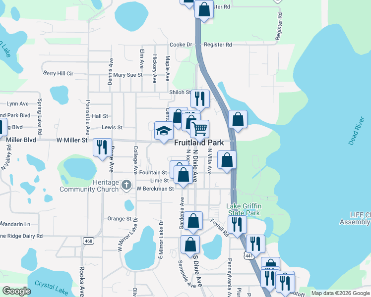 map of restaurants, bars, coffee shops, grocery stores, and more near 310 North Iona Avenue in Fruitland Park
