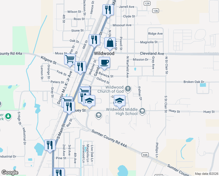 map of restaurants, bars, coffee shops, grocery stores, and more near 100 North Old Wire Road in Wildwood