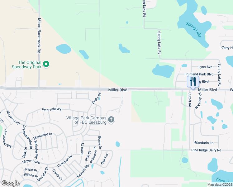 map of restaurants, bars, coffee shops, grocery stores, and more near 1036 Miller Boulevard in Fruitland Park