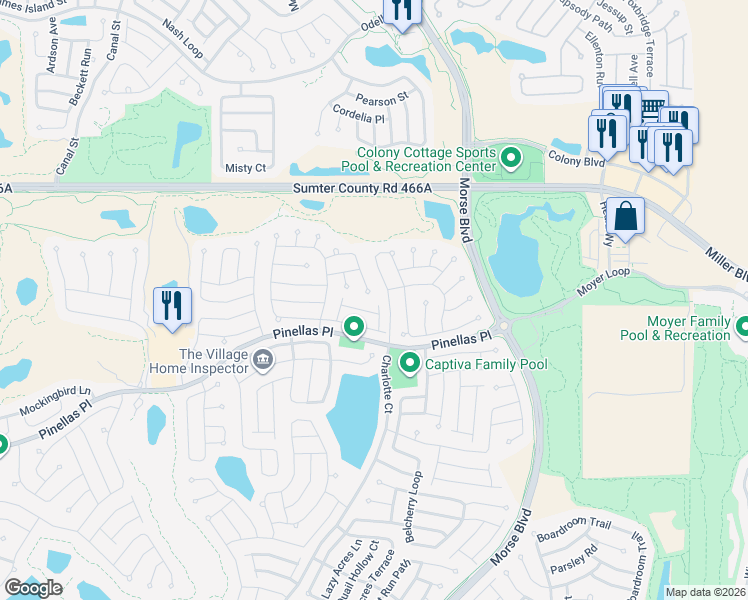 map of restaurants, bars, coffee shops, grocery stores, and more near 2971 Braddy Court in The Villages