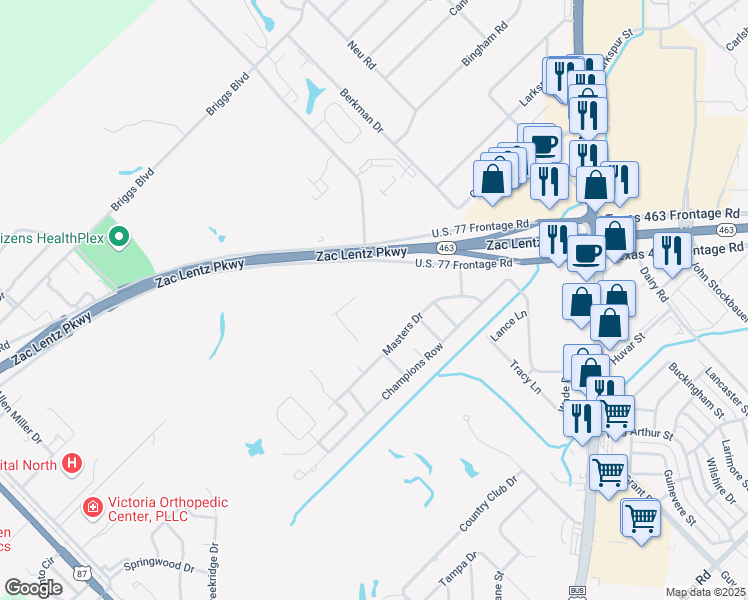 map of restaurants, bars, coffee shops, grocery stores, and more near 8311 Zac Lentz Parkway in Victoria