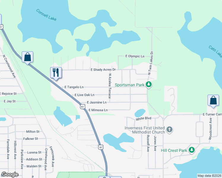 map of restaurants, bars, coffee shops, grocery stores, and more near 5430 East Tangelo Lane in Inverness