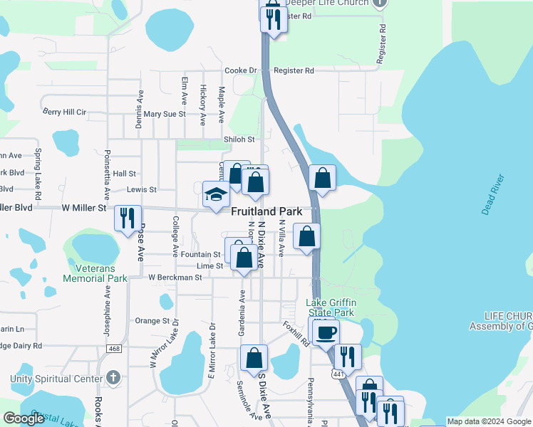 map of restaurants, bars, coffee shops, grocery stores, and more near 103 West Miller Street in Fruitland Park