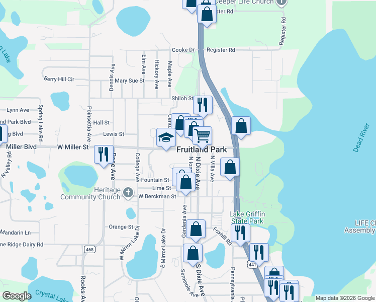 map of restaurants, bars, coffee shops, grocery stores, and more near 310 North Iona Avenue in Fruitland Park