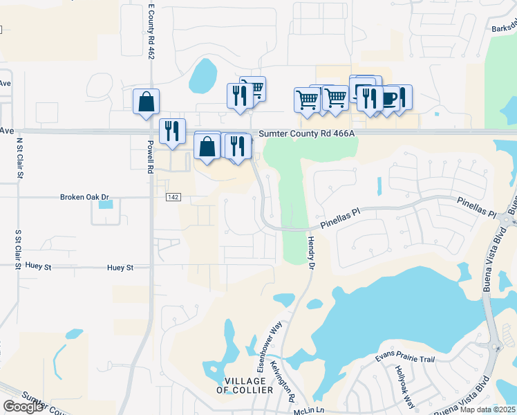 map of restaurants, bars, coffee shops, grocery stores, and more near 2957 Bartow Lane in The Villages