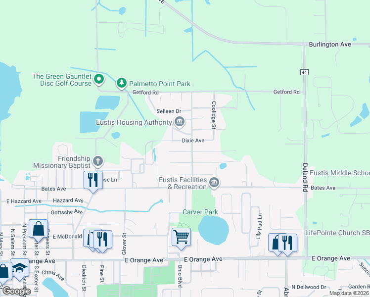 map of restaurants, bars, coffee shops, grocery stores, and more near 2109 Suanee Avenue in Eustis