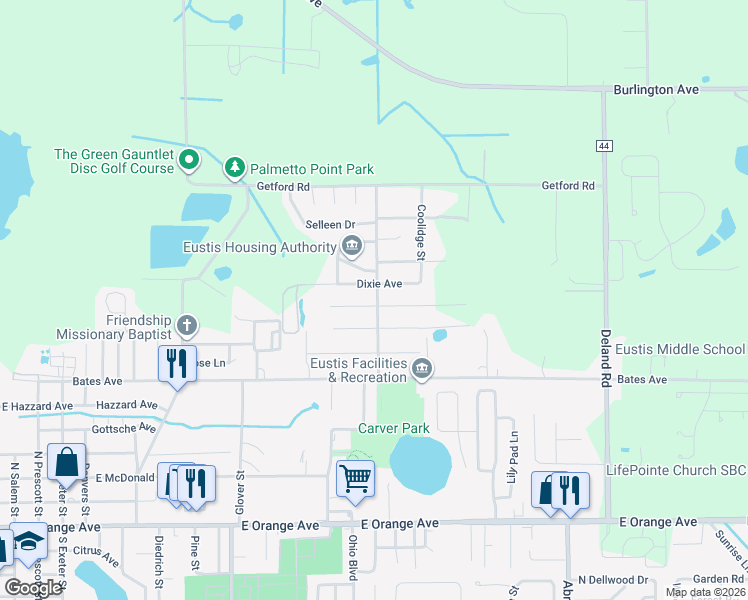 map of restaurants, bars, coffee shops, grocery stores, and more near 2109 Suanee Avenue in Eustis