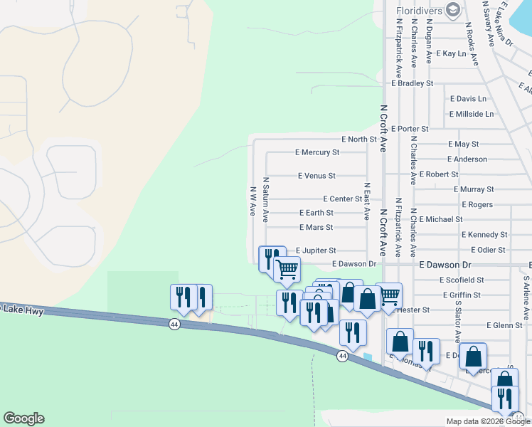 map of restaurants, bars, coffee shops, grocery stores, and more near 82 North Saturn Avenue in Inverness