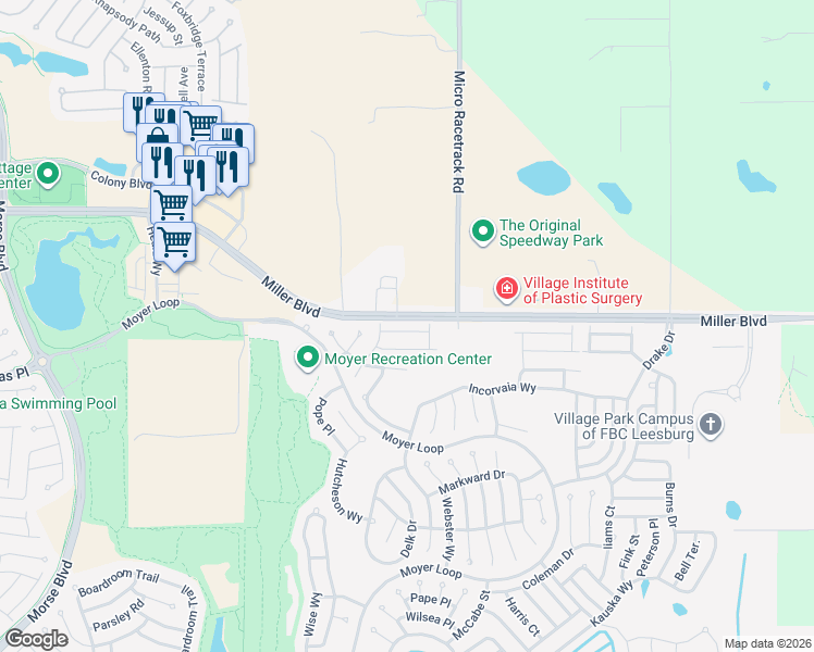 map of restaurants, bars, coffee shops, grocery stores, and more near 1047 Becker Avenue in The Villages