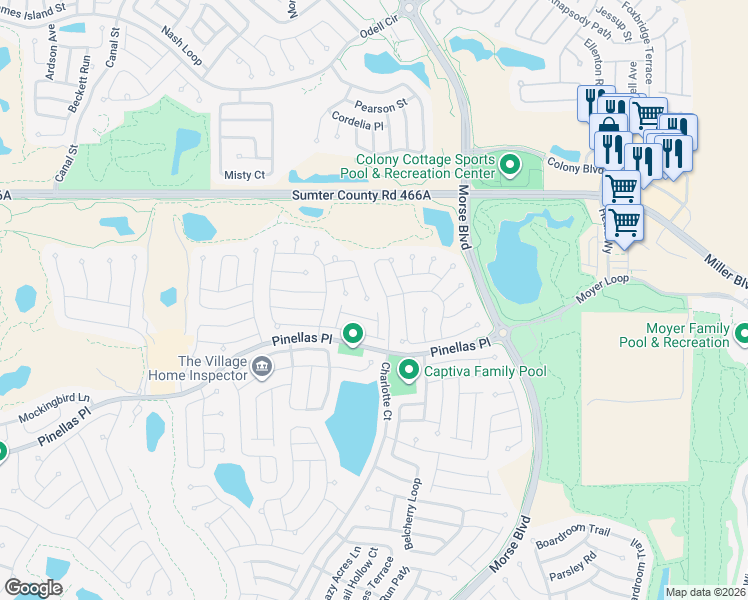 map of restaurants, bars, coffee shops, grocery stores, and more near 2971 Braddy Court in The Villages
