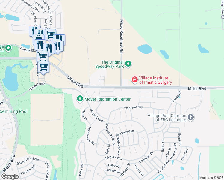 map of restaurants, bars, coffee shops, grocery stores, and more near 1047 Becker Avenue in The Villages