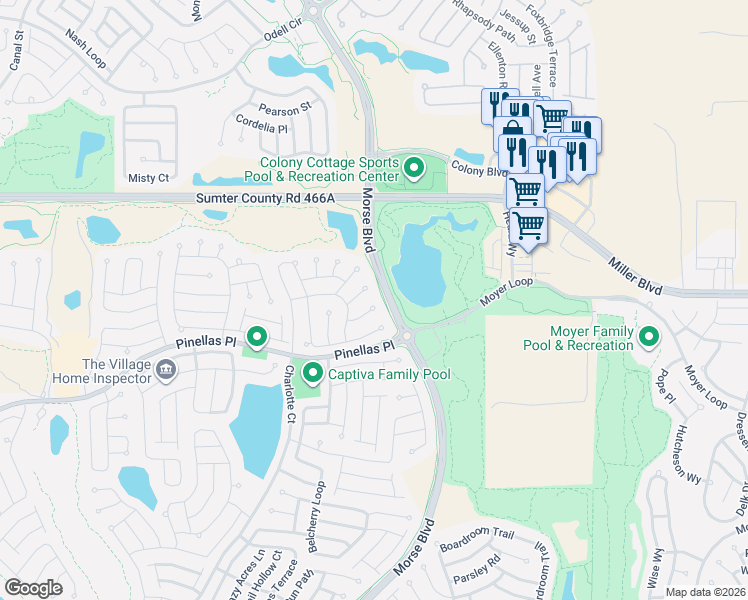 map of restaurants, bars, coffee shops, grocery stores, and more near 569 Baker Lane in The Villages