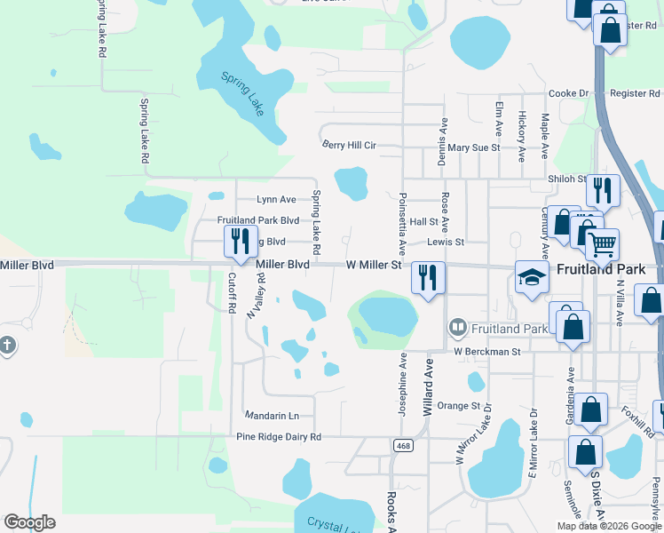 map of restaurants, bars, coffee shops, grocery stores, and more near 907 County Road 466A in Fruitland Park
