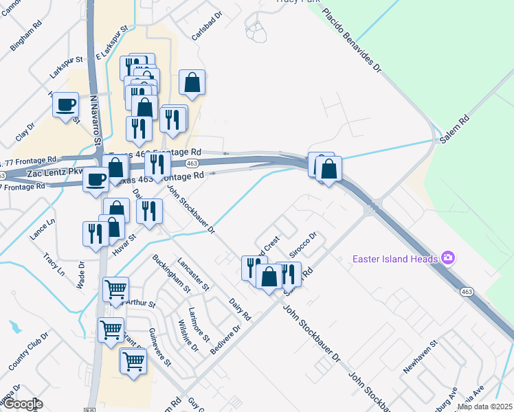 map of restaurants, bars, coffee shops, grocery stores, and more near 304 Windy Way Drive in Victoria