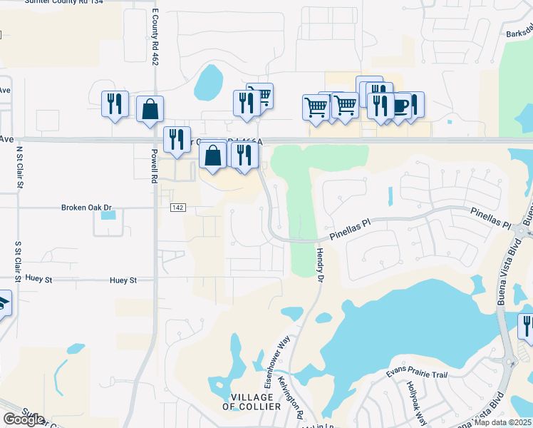 map of restaurants, bars, coffee shops, grocery stores, and more near 2957 Bartow Lane in The Villages