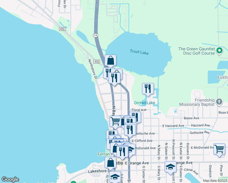 map of restaurants, bars, coffee shops, grocery stores, and more near 901 North Bay Street in Eustis