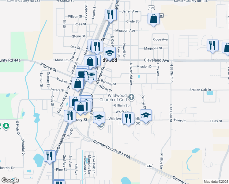 map of restaurants, bars, coffee shops, grocery stores, and more near 100 North Old Wire Road in Wildwood
