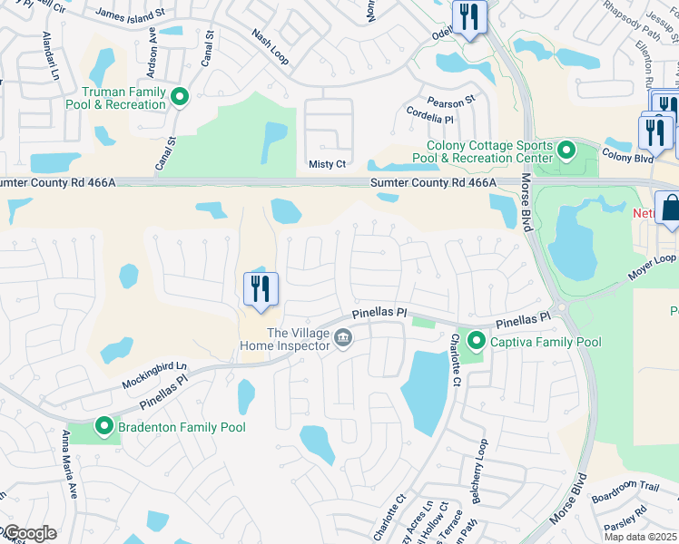 map of restaurants, bars, coffee shops, grocery stores, and more near 2953 French Oak Avenue in The Villages