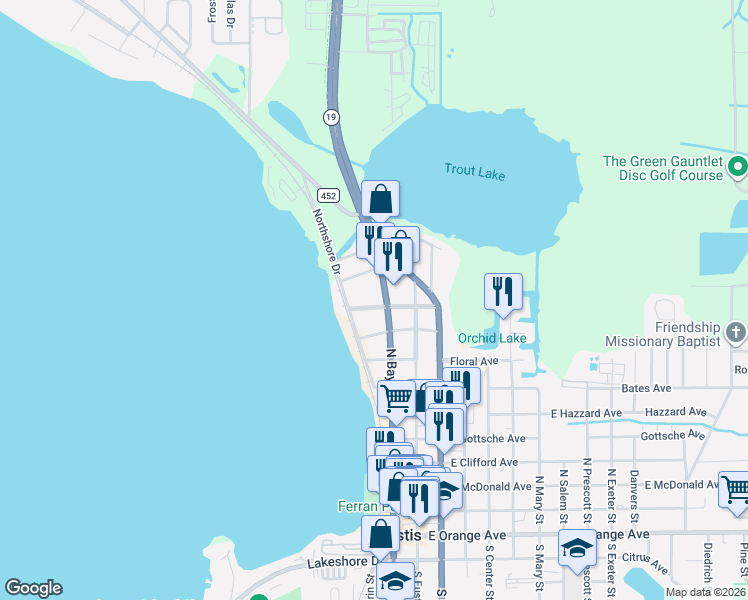 map of restaurants, bars, coffee shops, grocery stores, and more near 35 West Pendleton Avenue in Eustis
