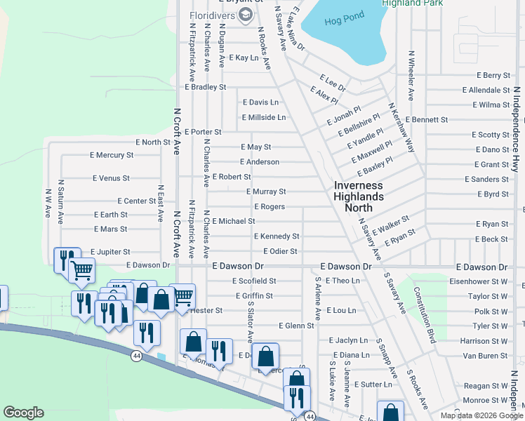 map of restaurants, bars, coffee shops, grocery stores, and more near 3220 East Rogers in Inverness