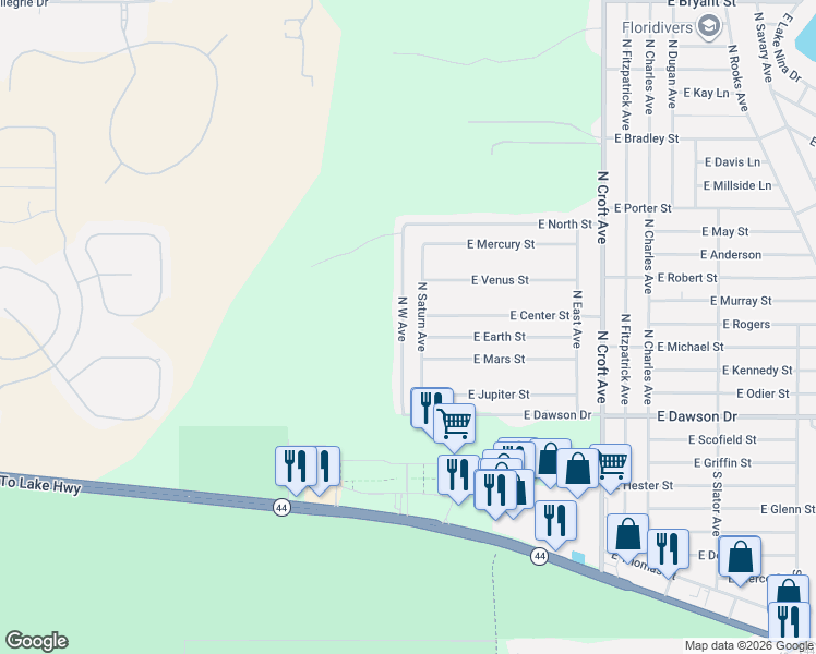 map of restaurants, bars, coffee shops, grocery stores, and more near 82 North Saturn Avenue in Inverness